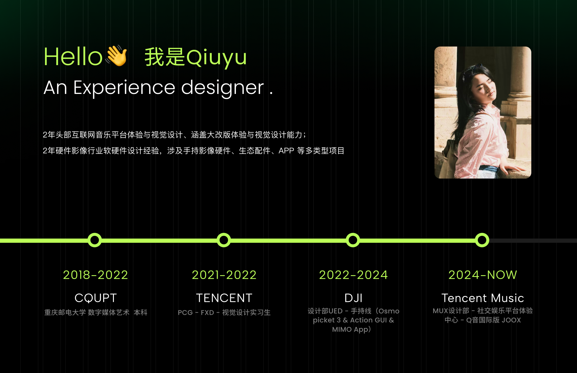 QIUYU 的个人介绍与 2018 至今的职业经历时间轴